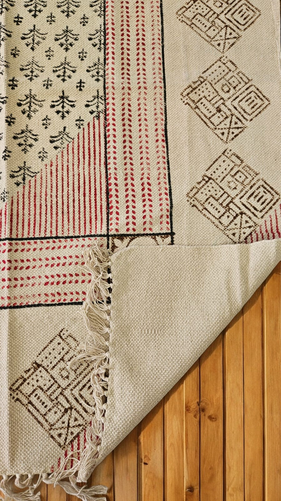 Black and Red Handblock Print Cotton Rug