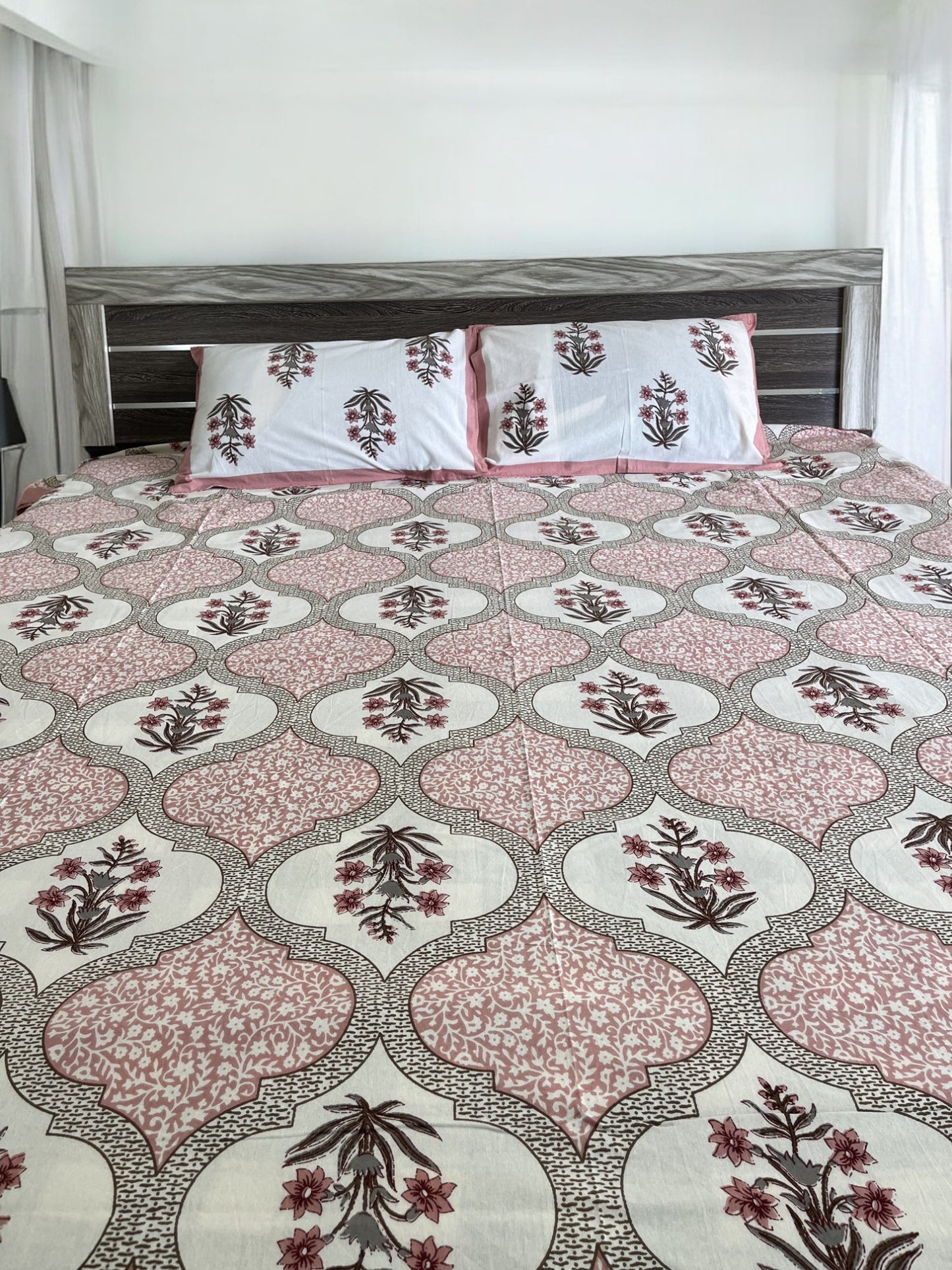 Handblock Pink Floral Double Bedsheet