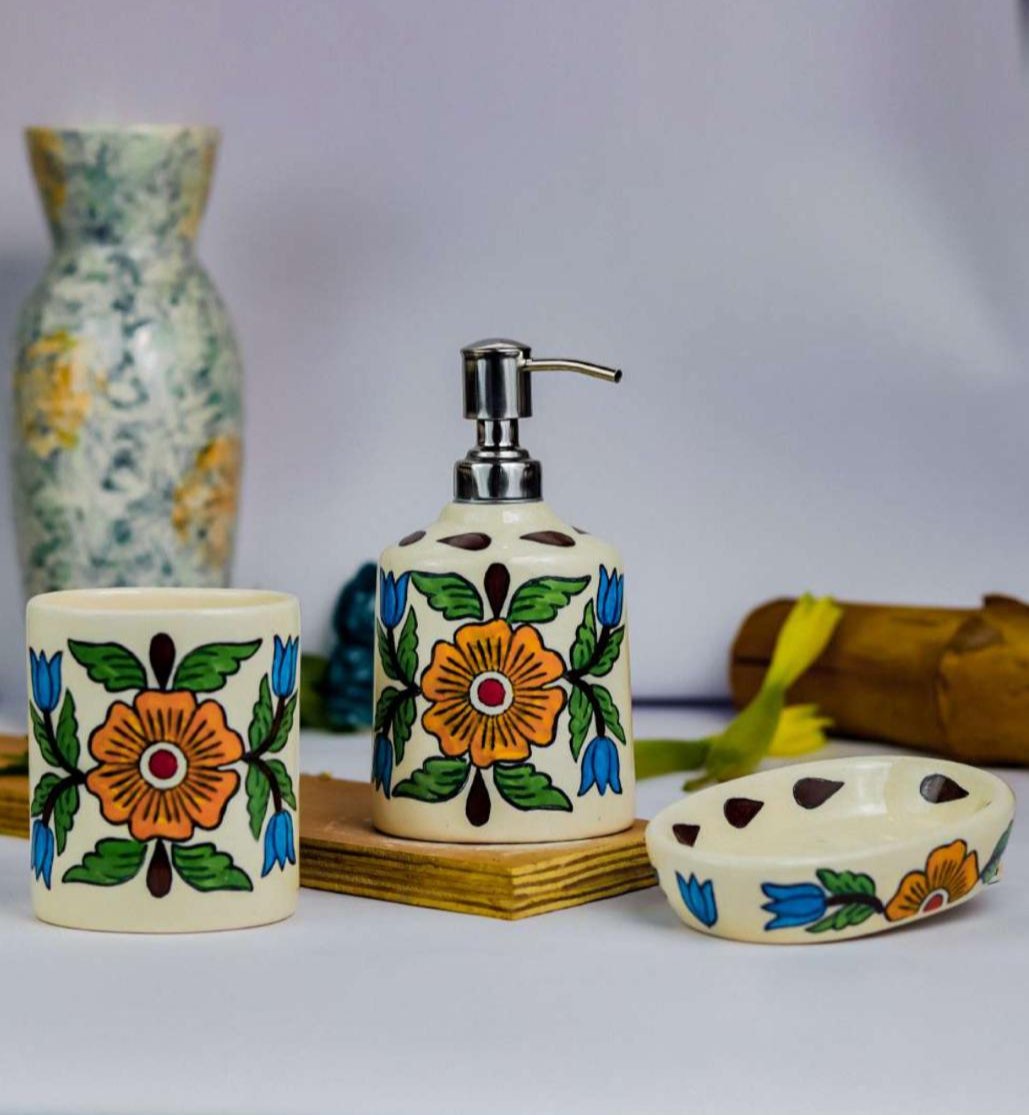 Yellow and Blue Floral Ceramic Bathroom Set