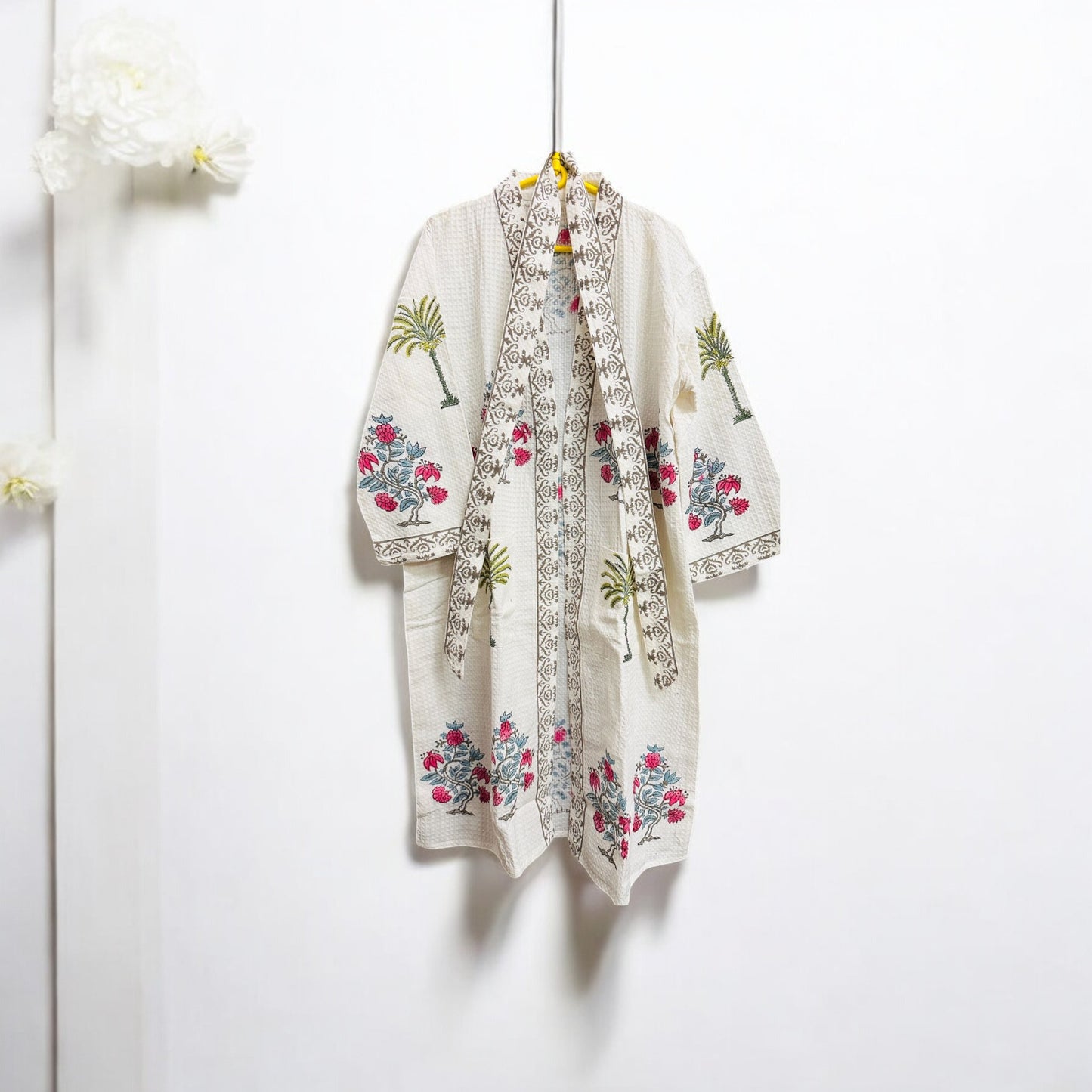 Pink Floral Palm Tree Design White Handblock Bathrobe – 100% Cotton, Elegant and Comfortable