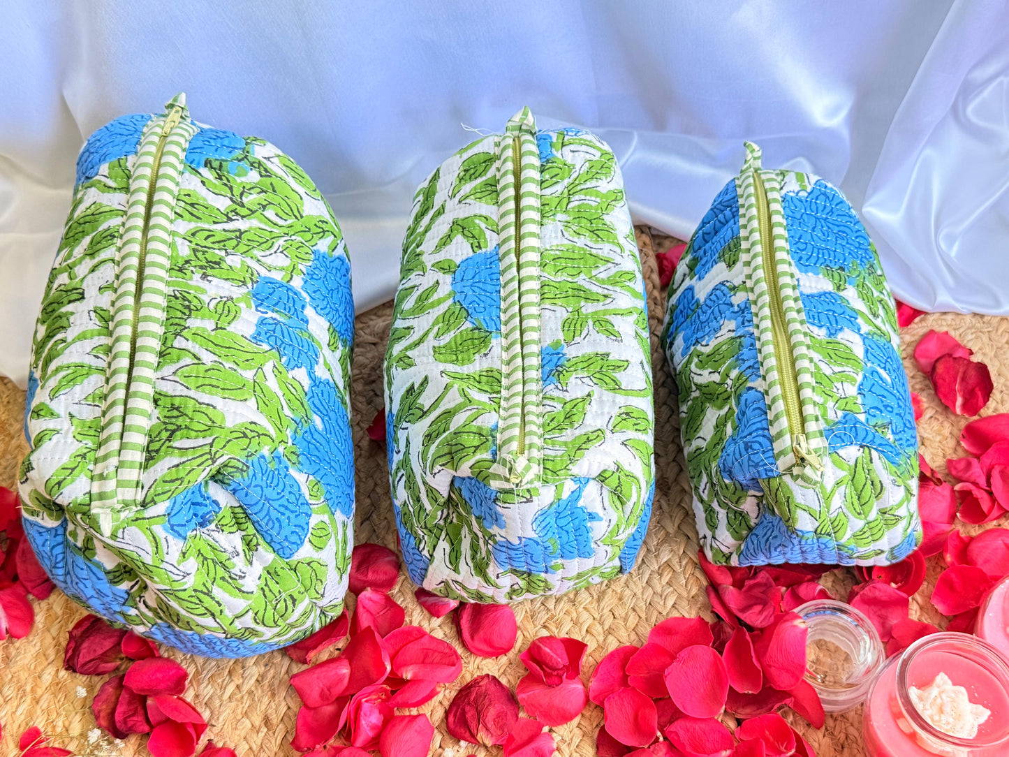 Blue green Floral Handblock Travel Pouch Organizer Set of 3