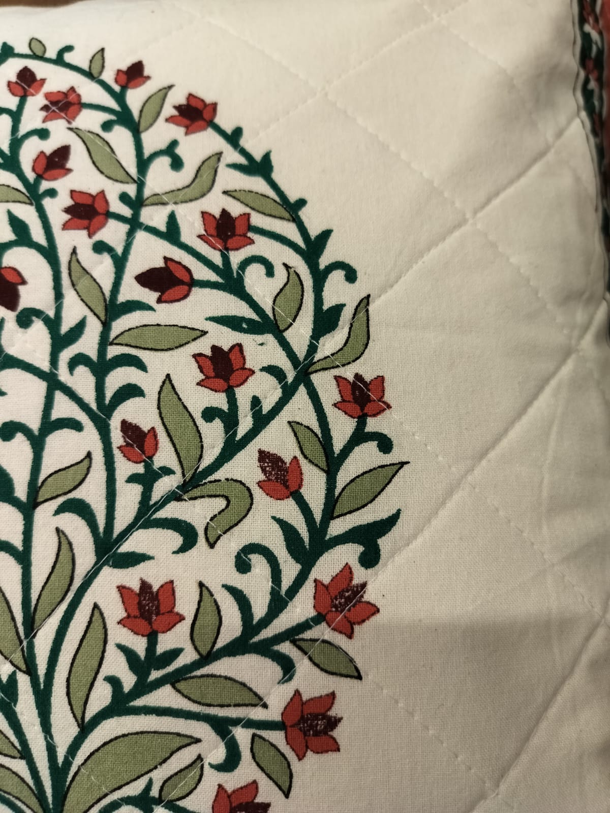 ORANGE AND WHITE LEAFY QUILTED HANDBLOCK CUSHION COVER SET OF 2