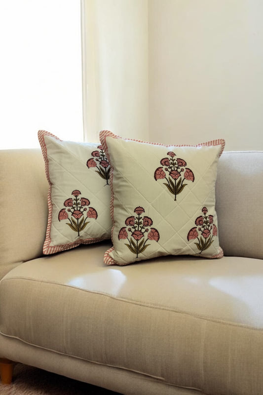 White Peach Floral Quilted Print Cushion Cover set of 2