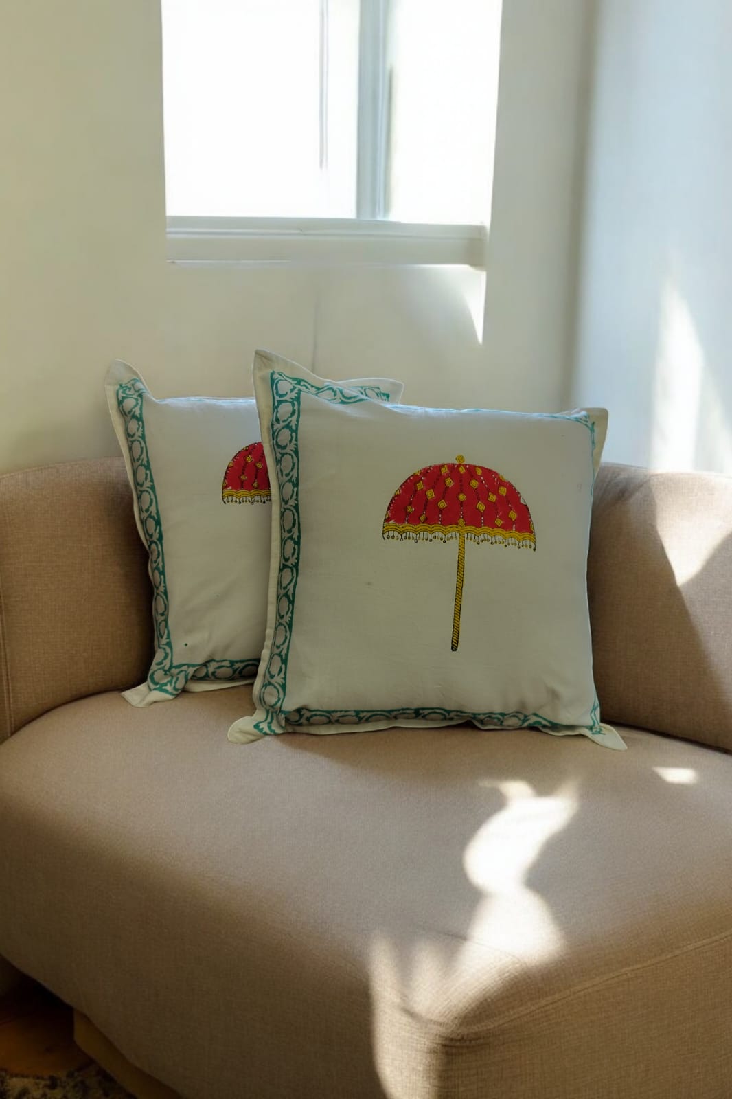Umbrella White And Red Handblock Cushion Cover SET OF 2