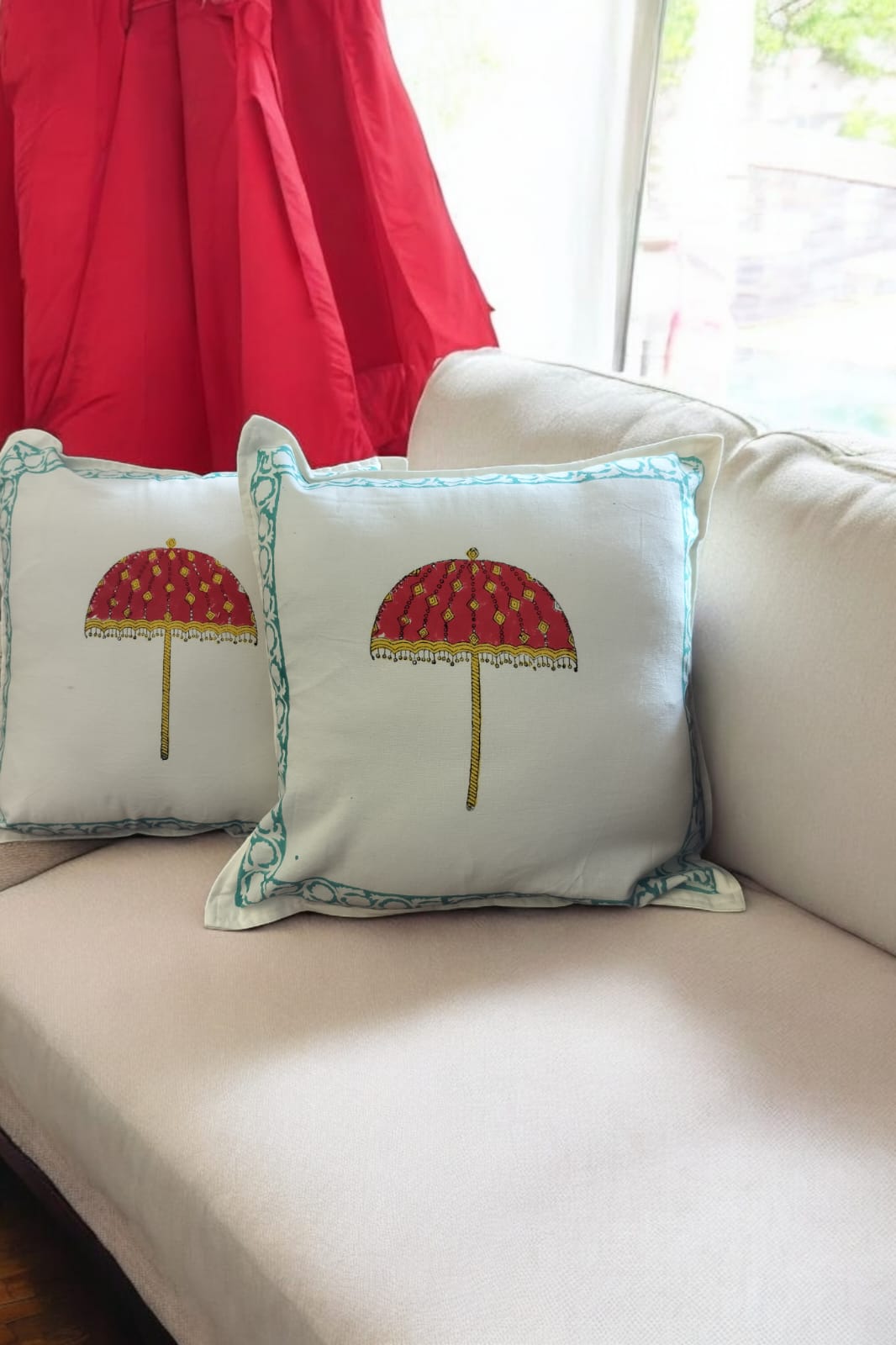 Umbrella White And Red Handblock Cushion Cover SET OF 2
