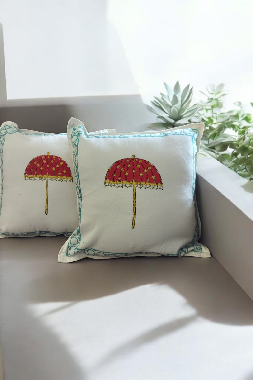 Umbrella White And Red Handblock Cushion Cover SET OF 2