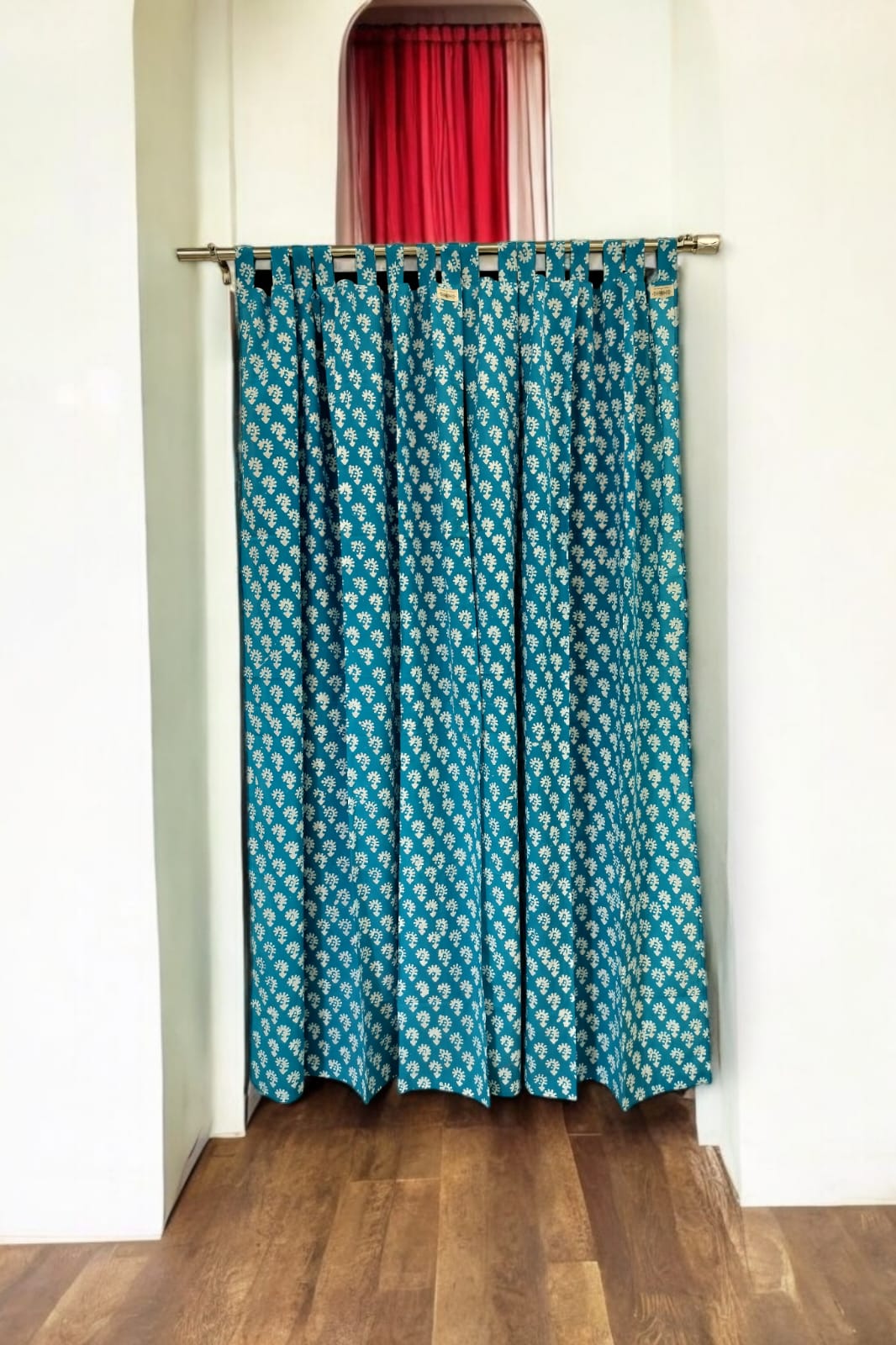 Floral Handblock Print Curtains, Cerulean Blue