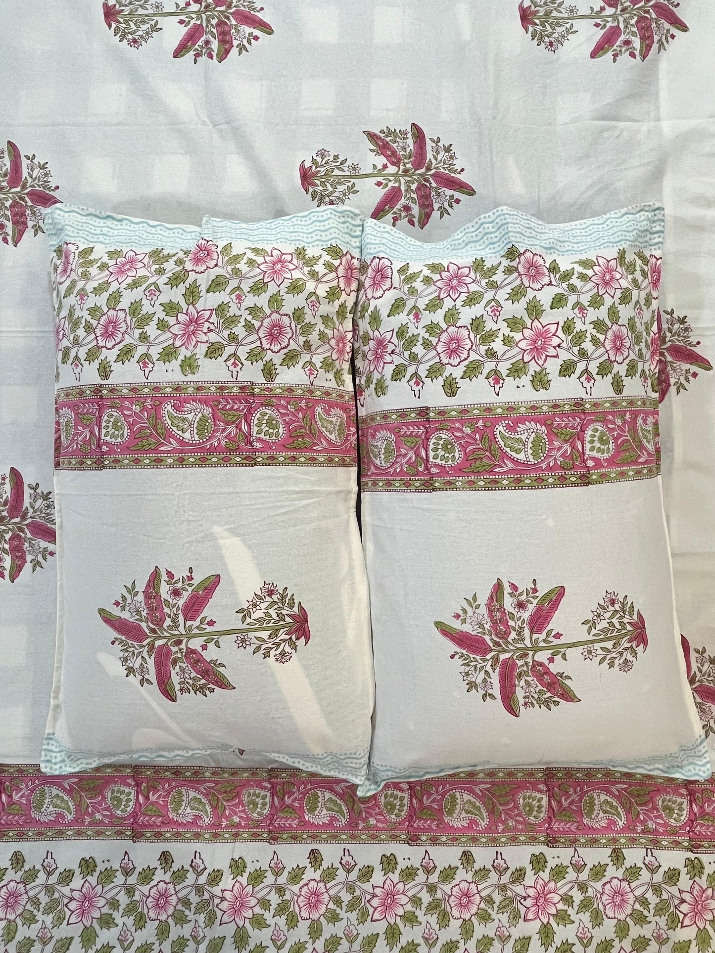 Handblock Pink Floral Printed Double Bedsheet
