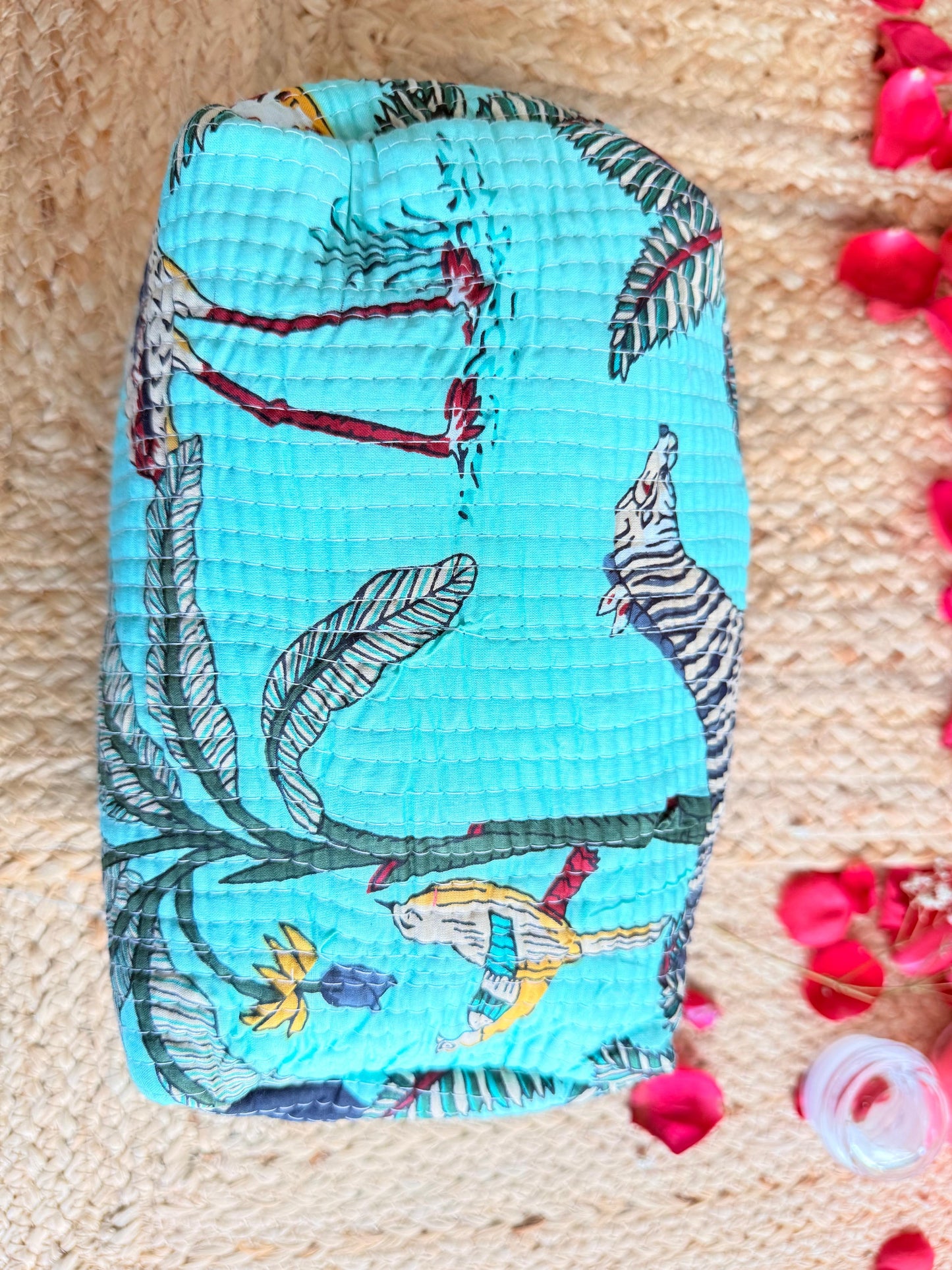 Green Animal Print Handblock Travel Pouch Organizer Set of 3