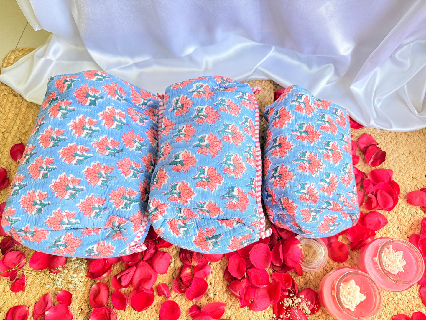 Premium Blue Red Floral Handblock Travel Pouch Organizer Set of 3