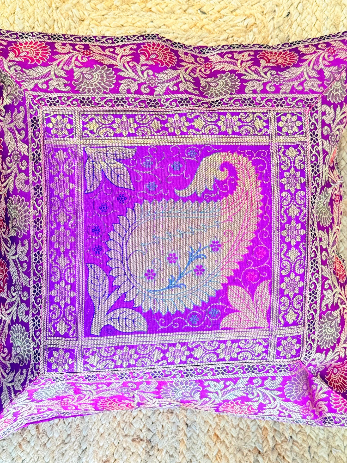 Purple Leaf Embroidery Banarasi Silk Cushion Cover – Luxurious Decorative Throw Pillow for Elegant Home Décor