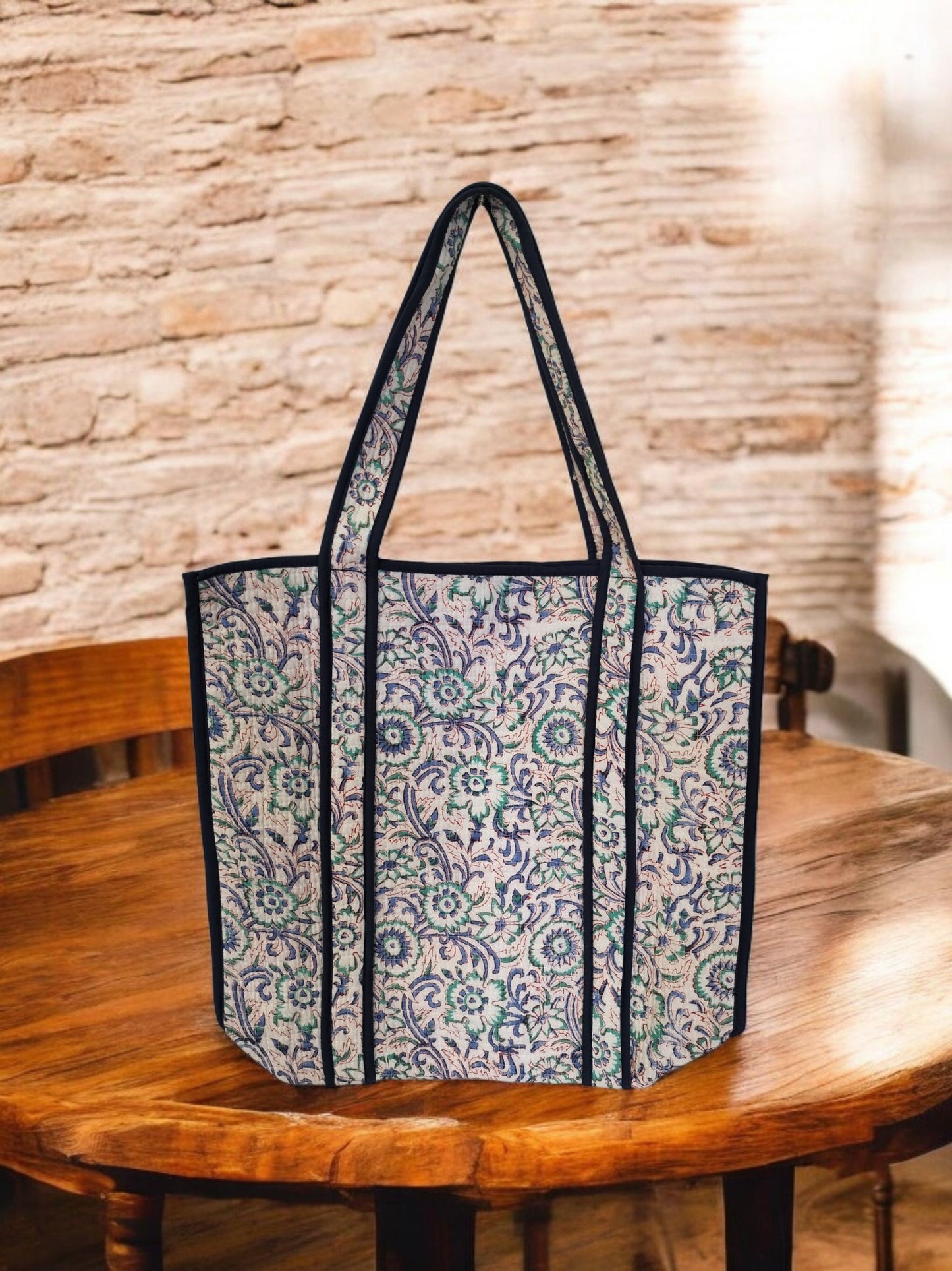BLOCK N STYLE Blue Floral Cotton Printed Tote Bag – Quilted Handblock Women’s Shoulder and Shopping Bag