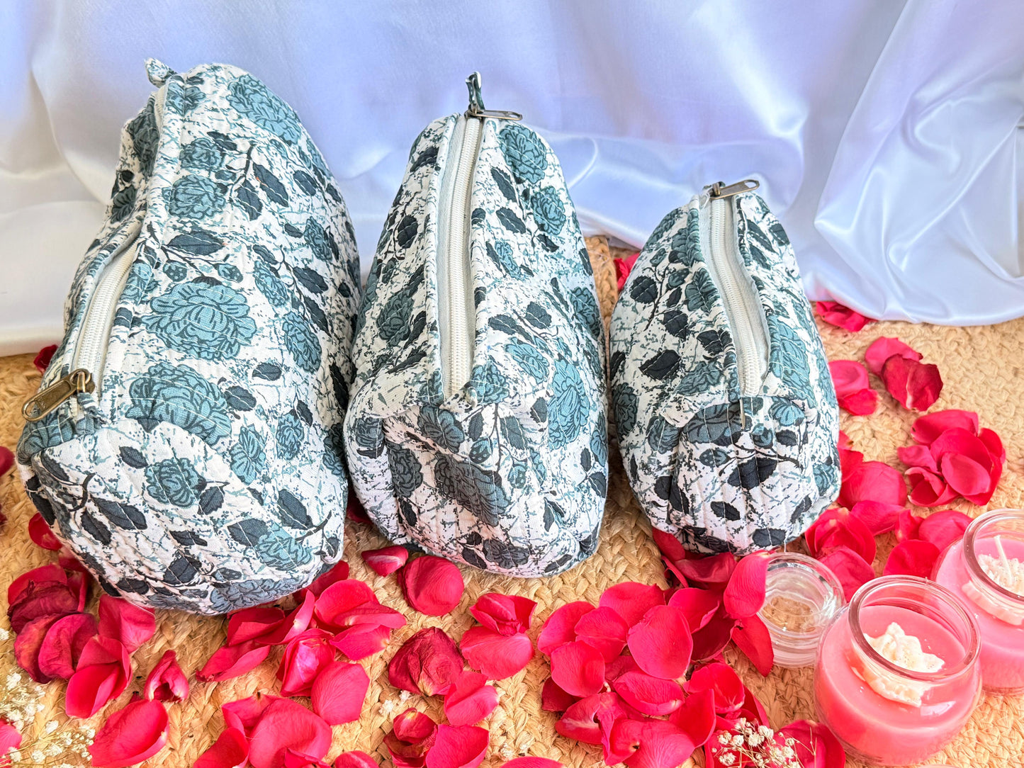Blue Floral Handblock Travel Pouch Organizer Set of 3