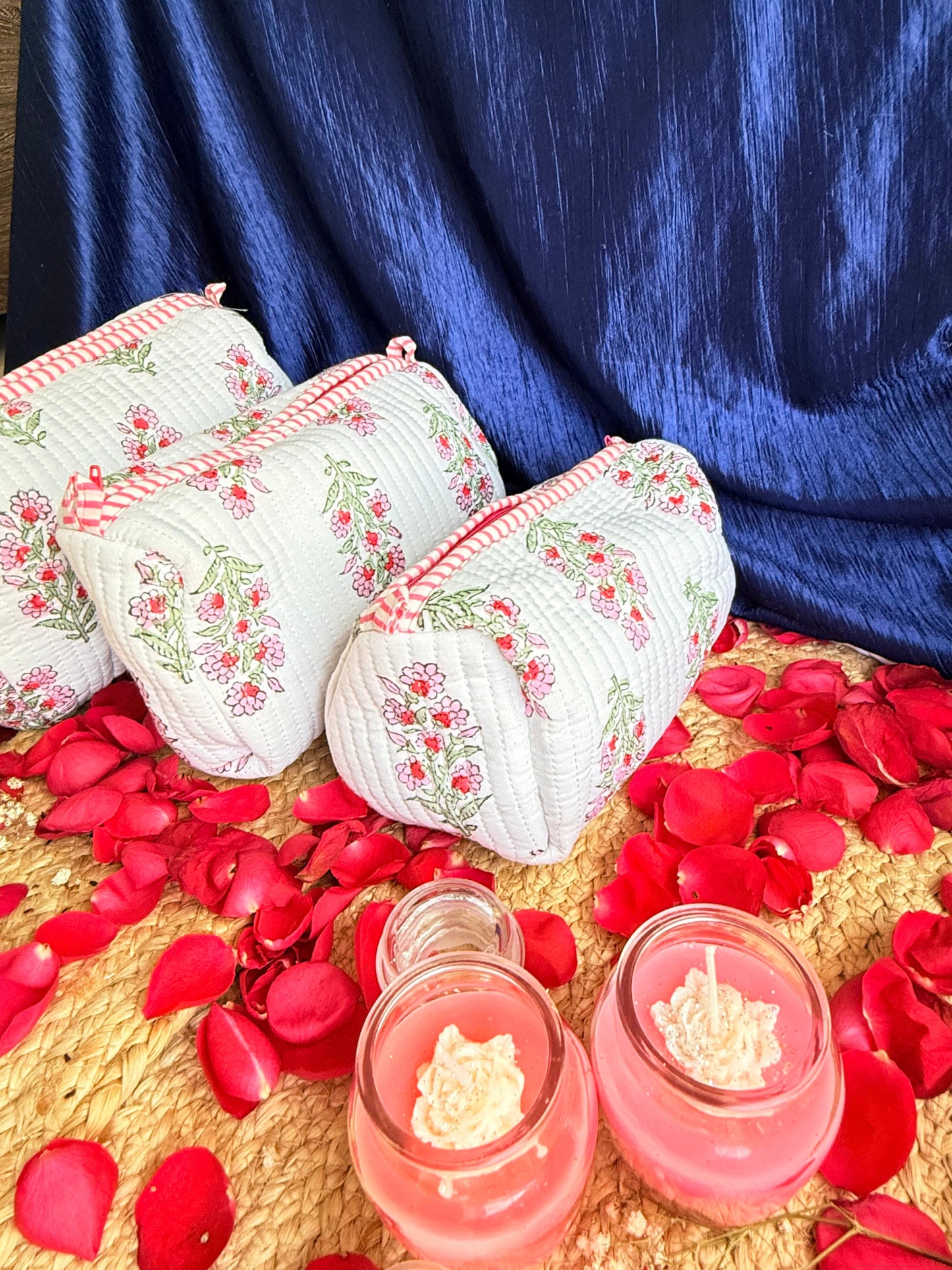 Pink and White Floral Handblock Organizer Travel Pouch Set of 3