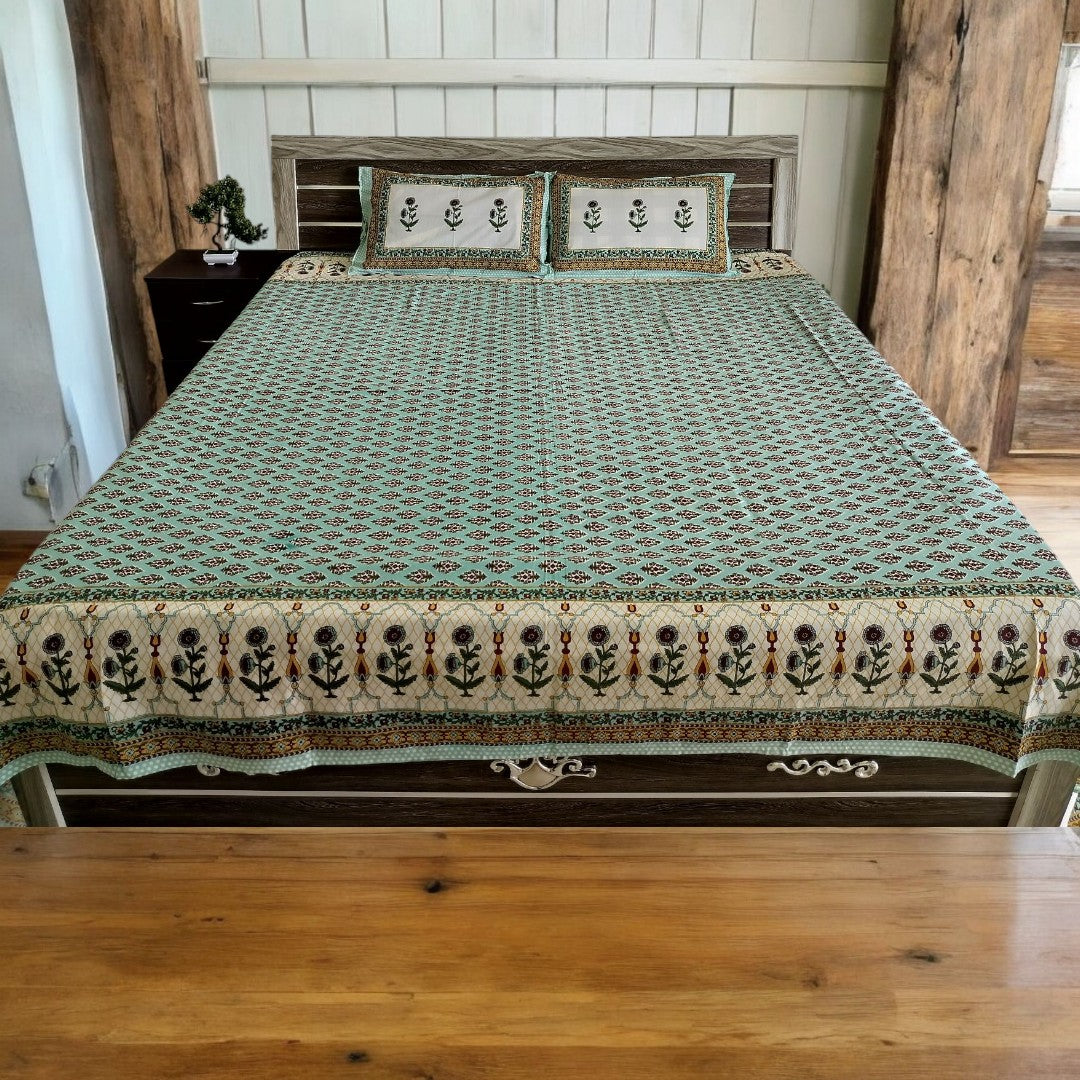 Green Floral Double Bedsheet with 2 Pillow Cover