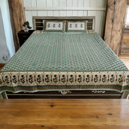Green Floral Double Bedsheet with 2 Pillow Cover