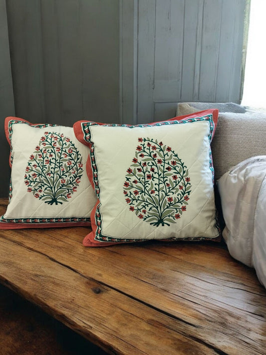 ORANGE AND WHITE LEAFY QUILTED HANDBLOCK  CUSHION COVER SET OF 2