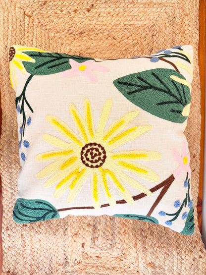 Yellow Flower Embroidery Decorative Cushion Cover – Premium Jute Throw Pillow Cover