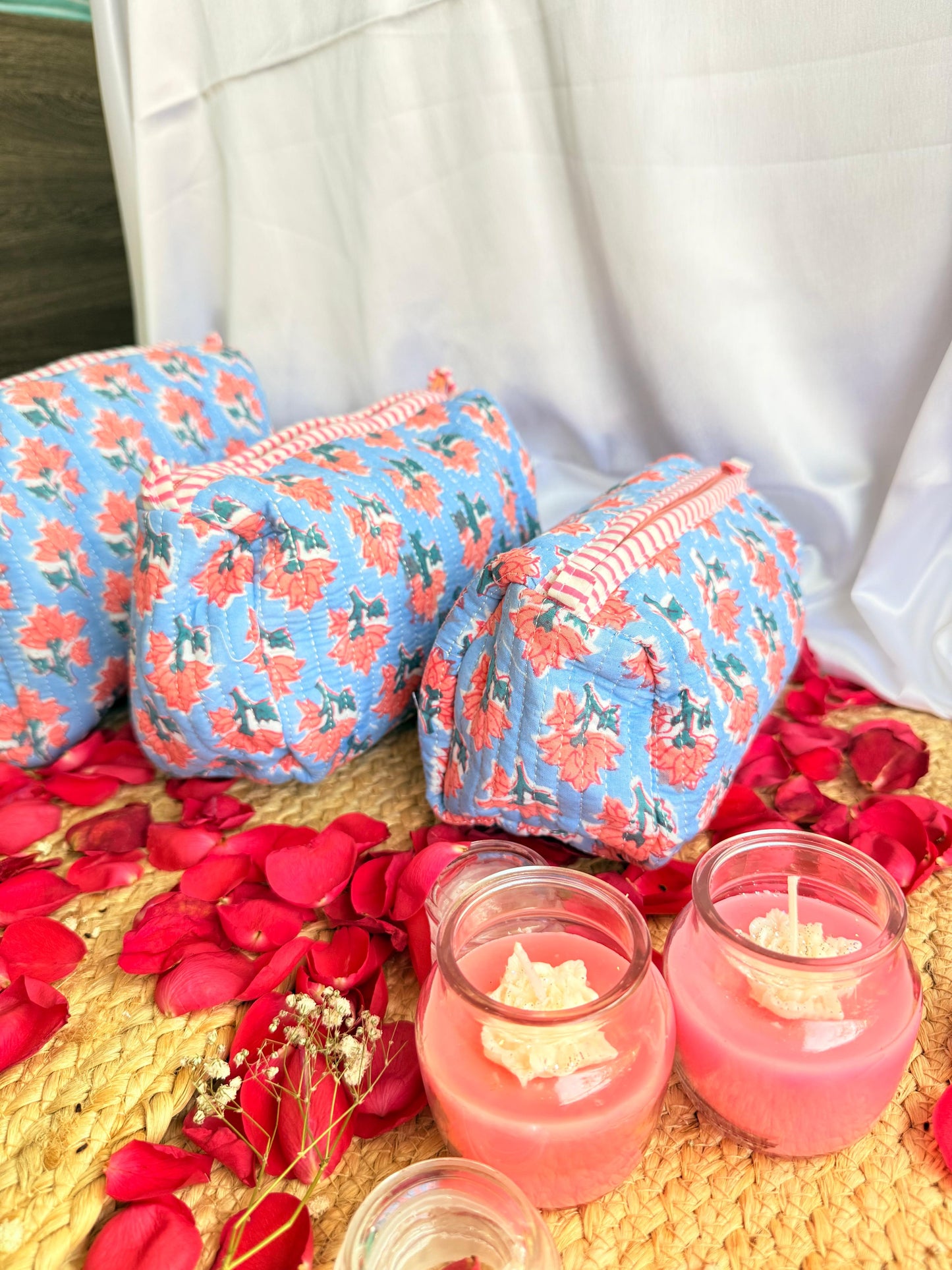Premium Blue Red Floral Handblock Travel  Pouch Organizer  Set of 3