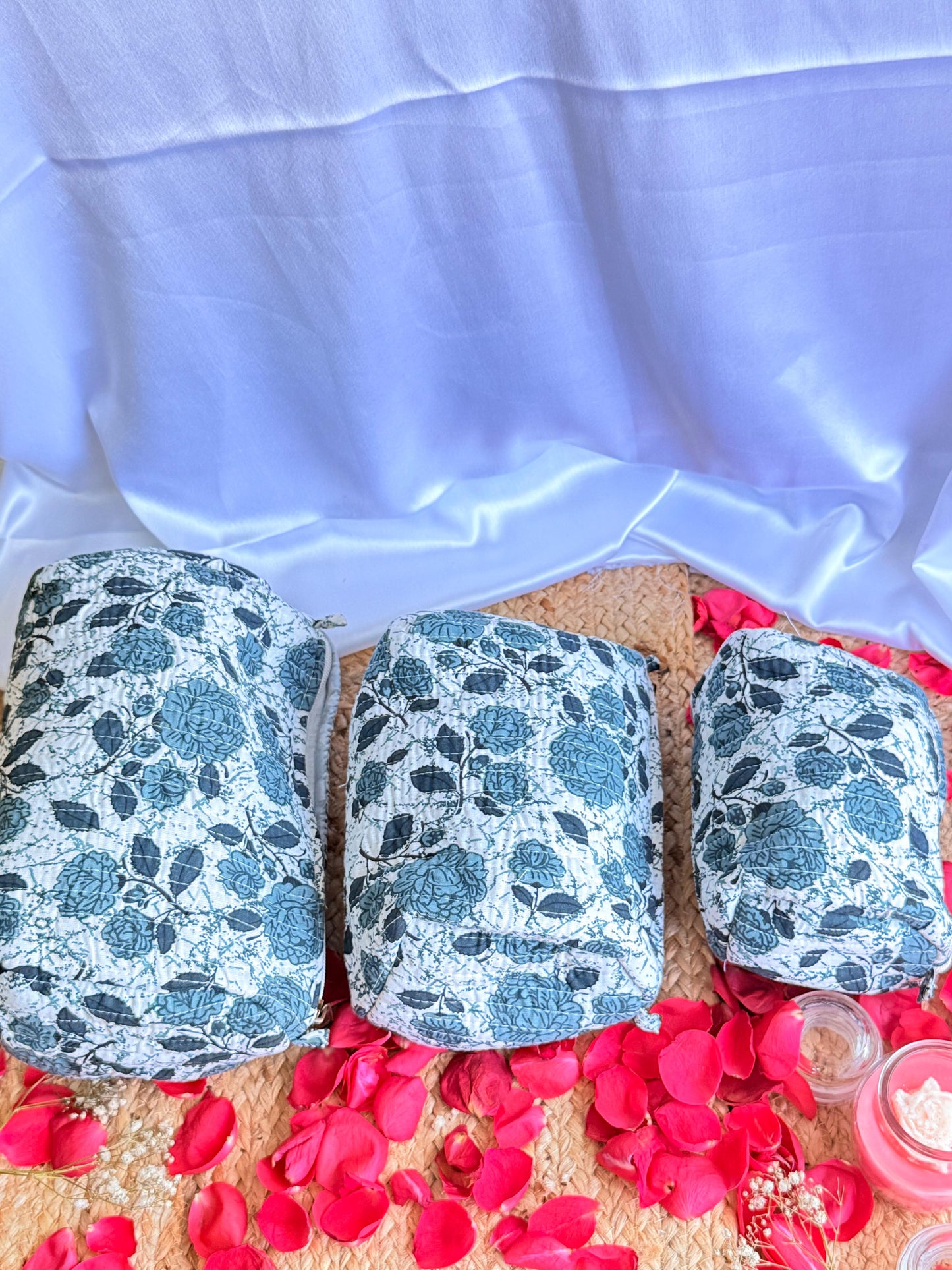 Blue Floral Handblock Travel  Pouch Organizer  Set of 3