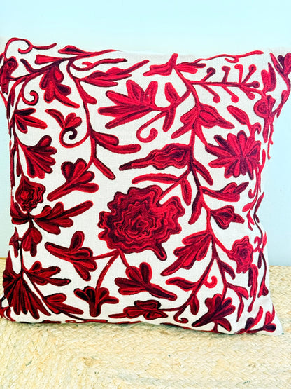 Red Kashmiri Embroidery Cushion Cover – Handcrafted Elegant Home Décor Accent