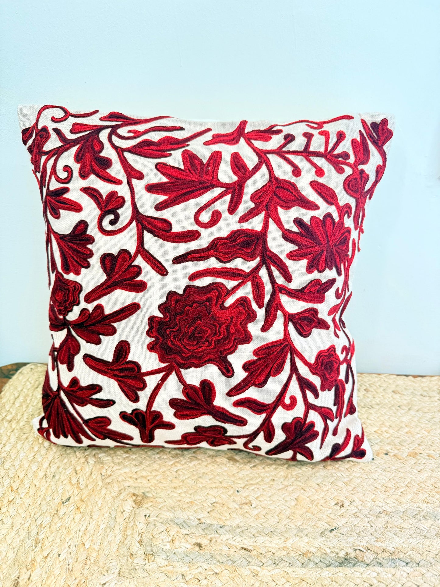 Red Kashmiri Embroidery Cushion Cover – Handcrafted Elegant Home Décor Accent