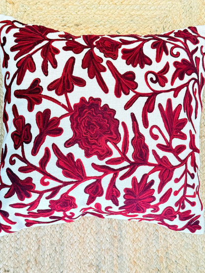 Red Kashmiri Embroidery Cushion Cover – Handcrafted Elegant Home Décor Accent