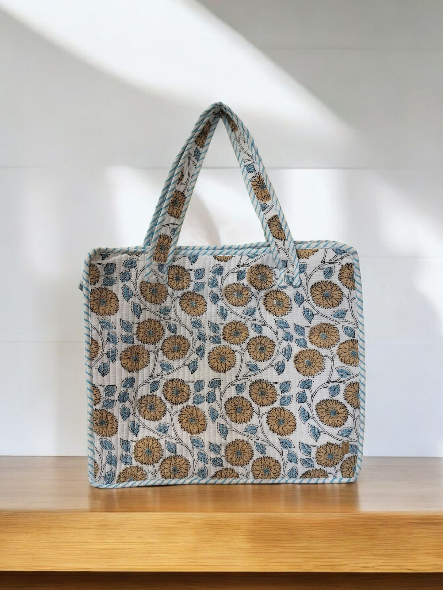 BLOCK N STYLE White Floral Cotton Printed Tote Bag – Hand Block Quilted Floral Carry Bag for Women
