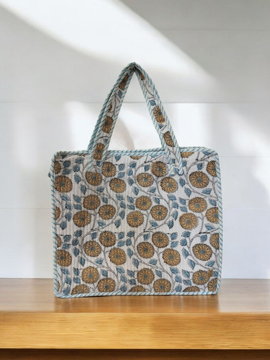 BLOCK N STYLE White Floral Cotton Printed Tote Bag – Hand Block Quilted Floral Carry Bag for Women