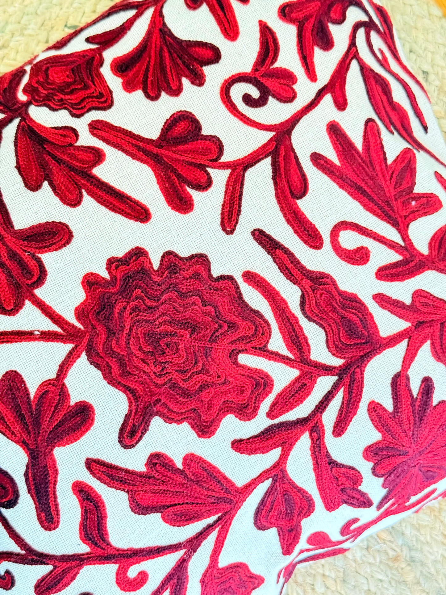 Red Kashmiri Embroidery Cushion Cover – Handcrafted Elegant Home Décor Accent