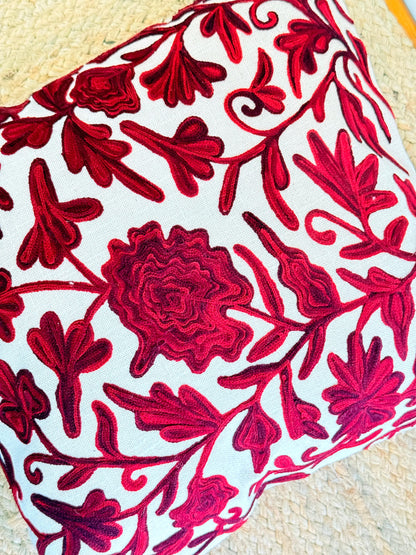 Red Kashmiri Embroidery Cushion Cover – Handcrafted Elegant Home Décor Accent