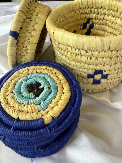 EVIL - EYE Handcrafted Jute Coasters With Sabai Grass Basket (SET OF 6 COASTERS + 1 BASKET)