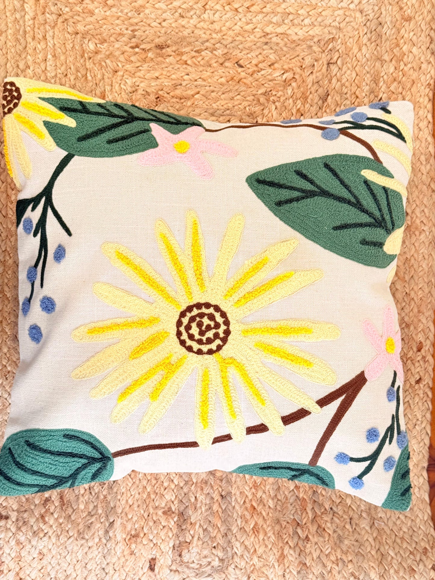 Yellow Flower Embroidery Decorative Cushion Cover – Premium Jute Throw Pillow Cover