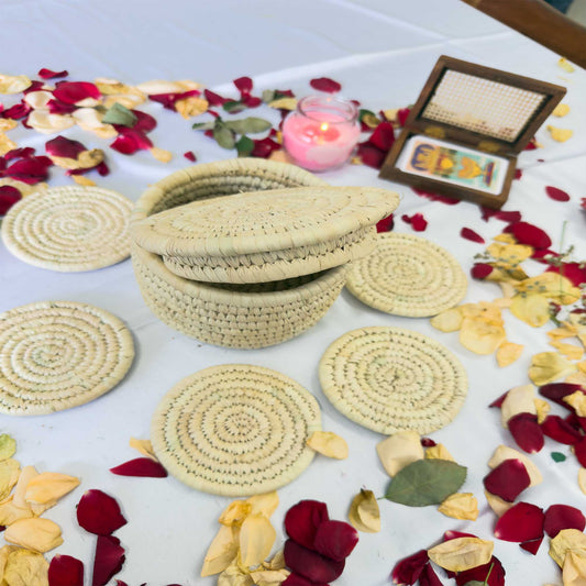 Natural Jute Coaster With Sabai Grass Basket (Set of 6 Coasters +1 Basket)