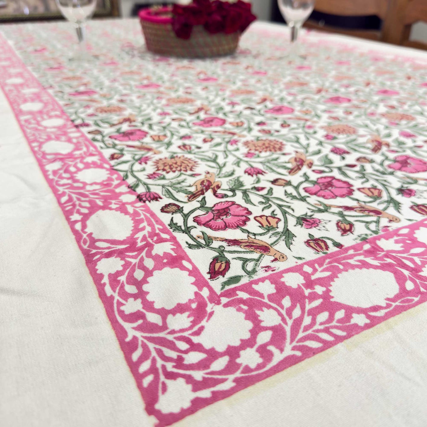 Pink Lotus Hand Block Table Cover – 60 x 90 Inches for 6-Seater Dining Tables