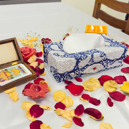 Dark Blue Floral Handblock Tissue Box