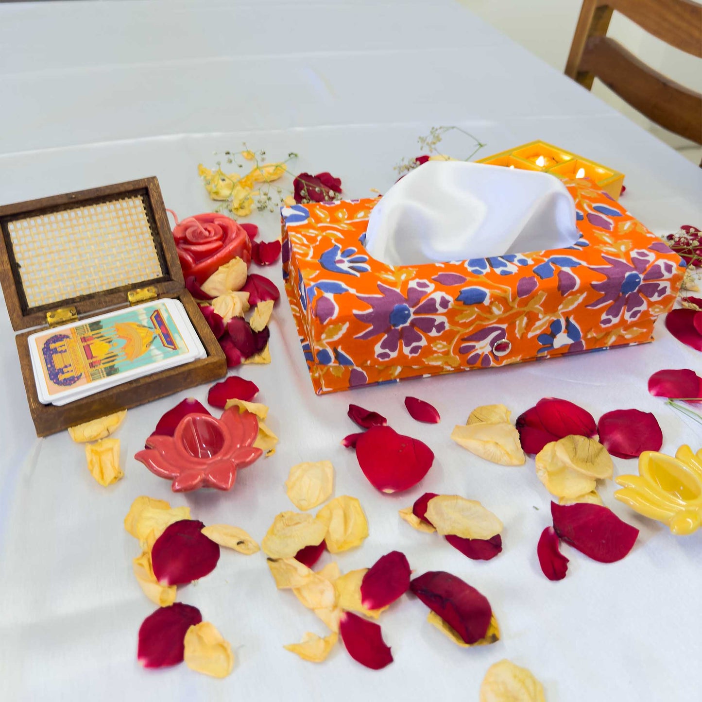Orange Floral Handblock Tissue Box