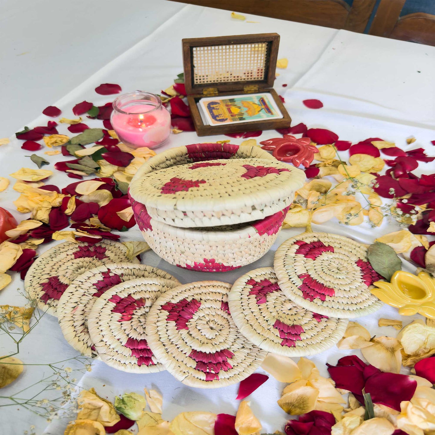 Magenta Handcrafted Jute Coasters With Sabai Grass Basket (SET OF 6 COASTERS + 1 BASKET)