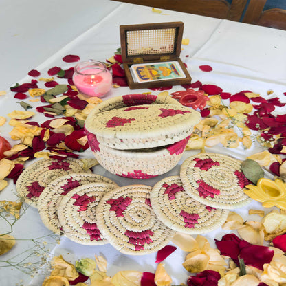 Magenta Handcrafted Jute Coasters With Sabai Grass Basket (SET OF 6 COASTERS + 1 BASKET)