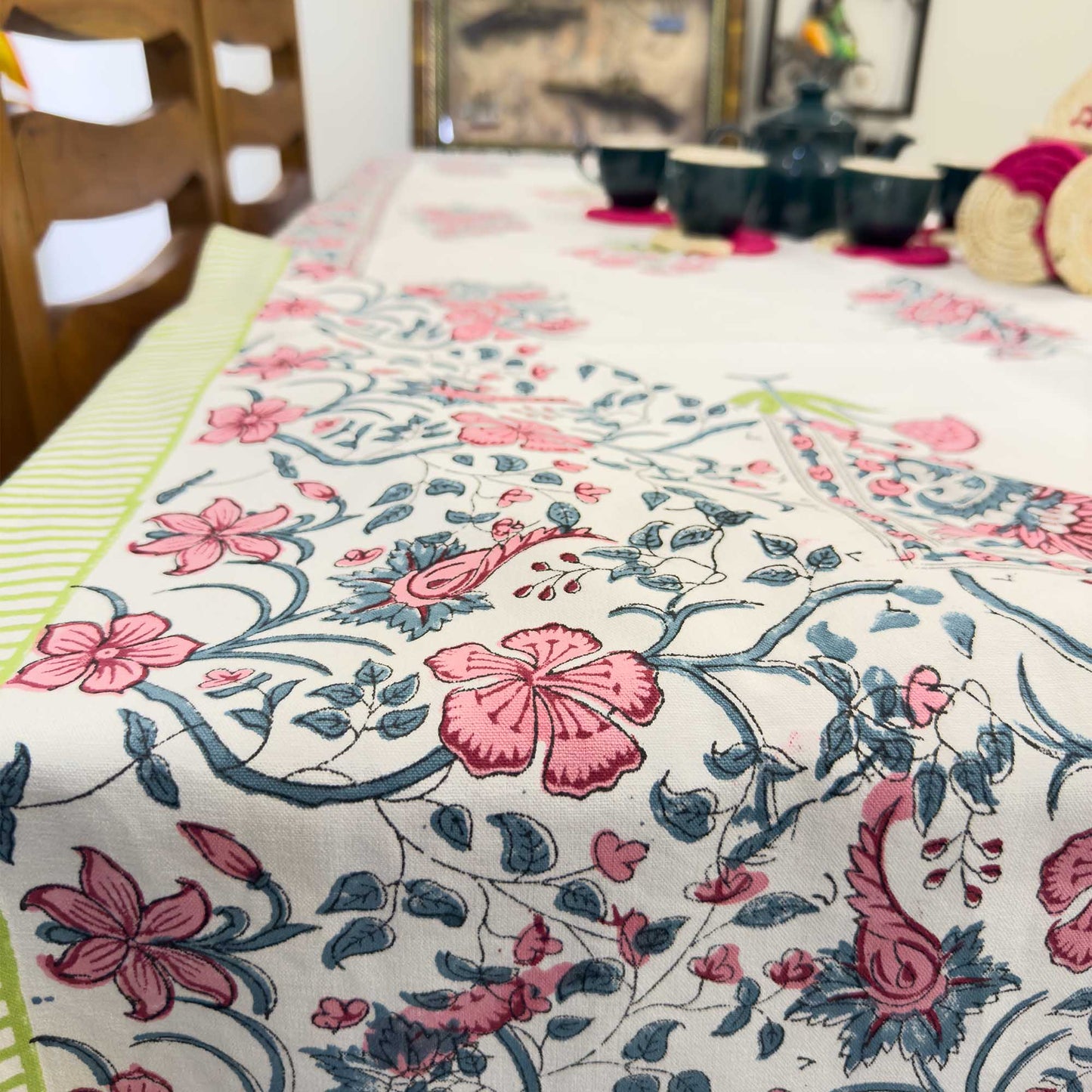 Floral Handblock Table Cover – 60x90 Inches for 6-Seater Dining Tables