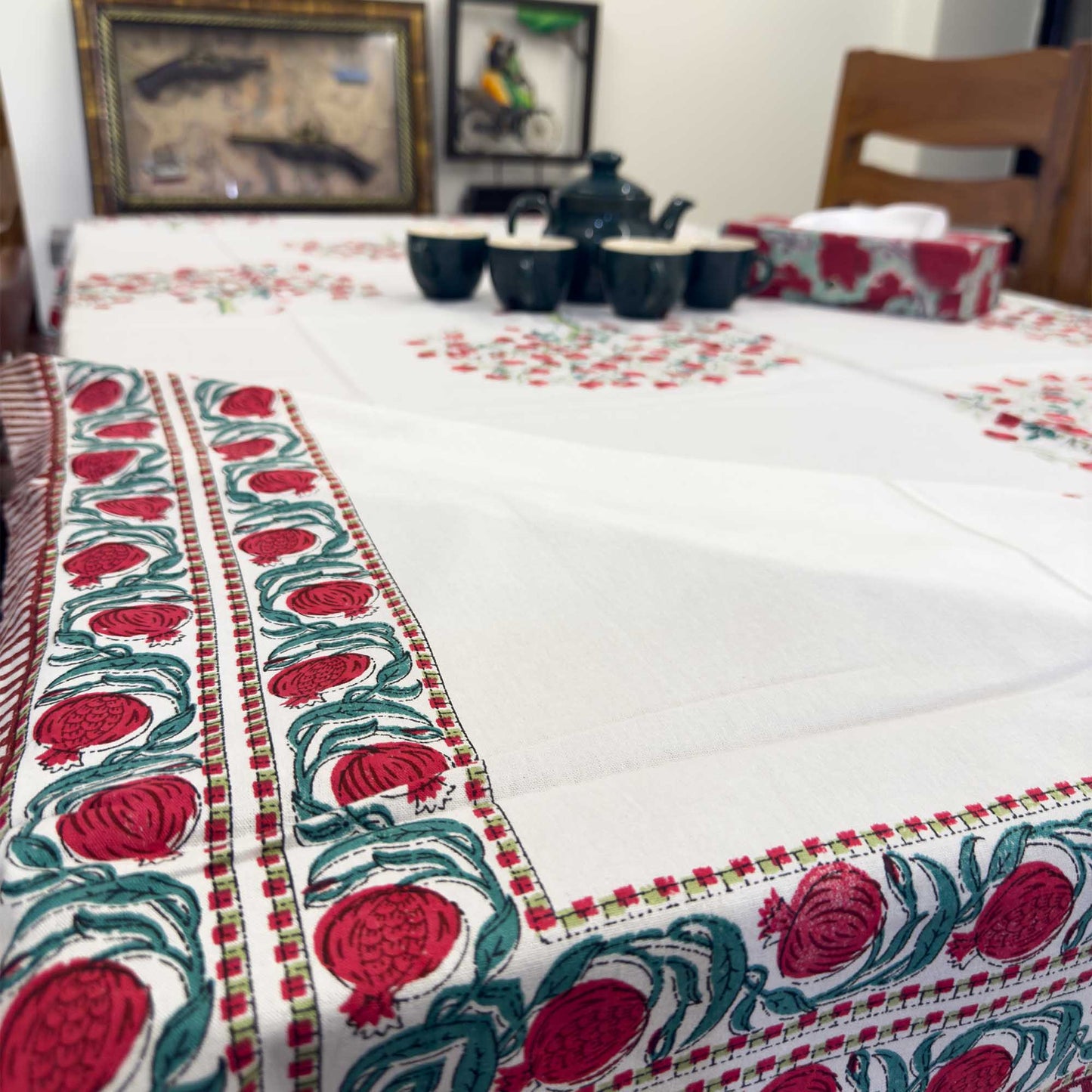 White & Red Cotton Handblock Table Cover – 60x90 Inches for 6-Seater Dining Tables