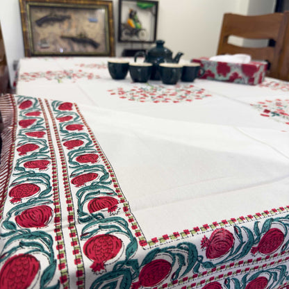 White & Red Cotton Handblock Table Cover – 60x90 Inches for 6-Seater Dining Tables