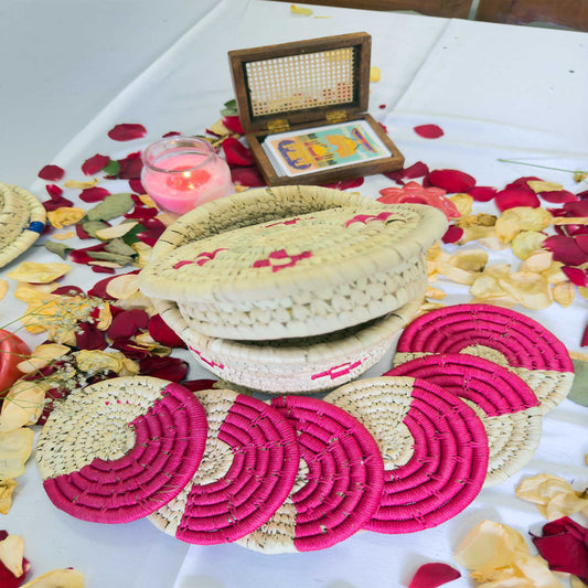 Handcrafted Pink Jute Coasters With Sabai Grass Basket (SET OF 6 COASTERS + 1 BASKET)