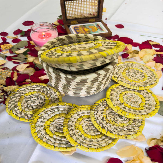 Yellow Handcrafted Jute Coasters With Sabai Grass Basket (SET OF 6 COASTERS + 1 BASKET)