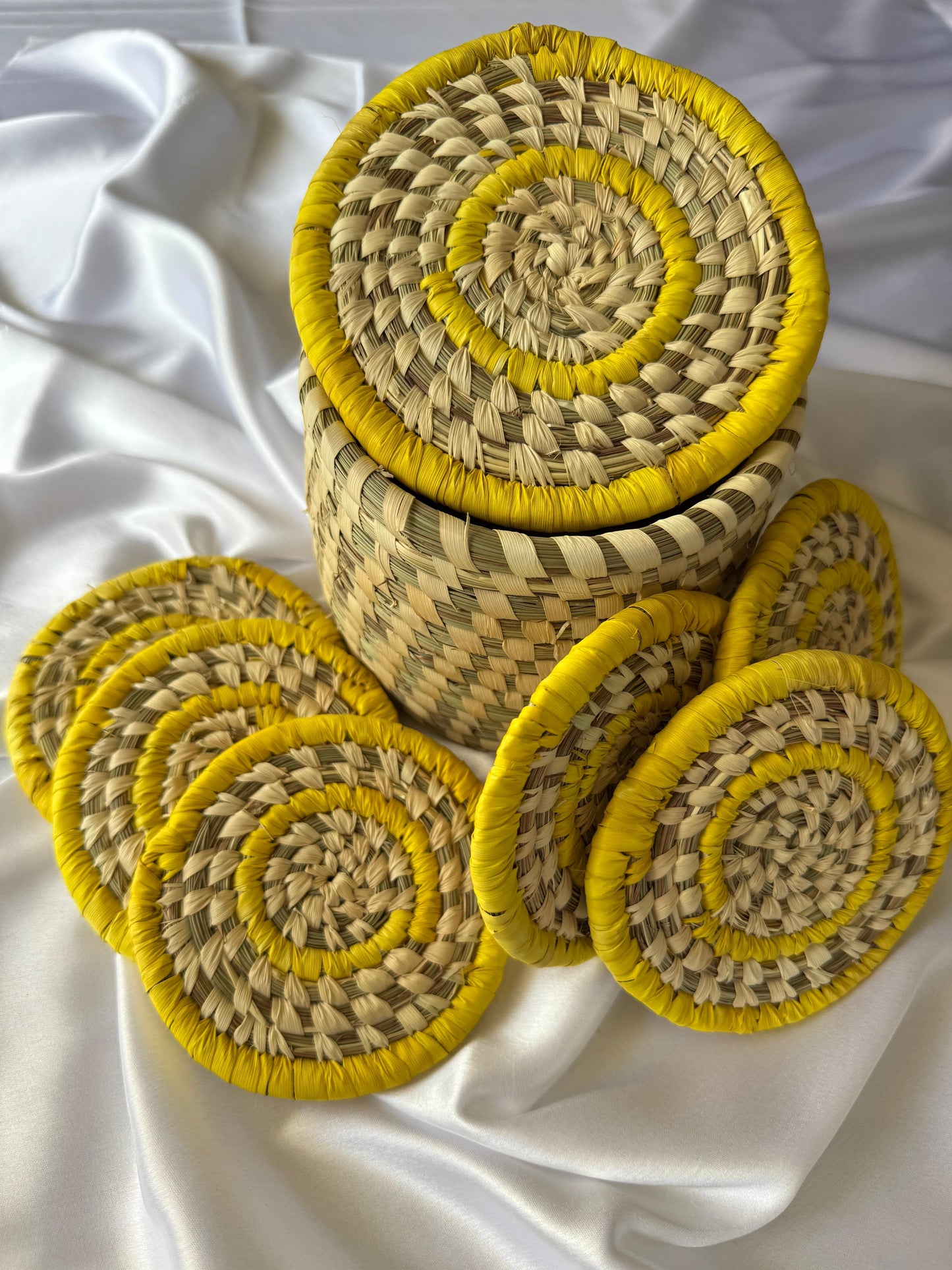 Yellow Handcrafted Jute Coasters With Sabai Grass Basket (SET OF 6 COASTERS + 1 BASKET)