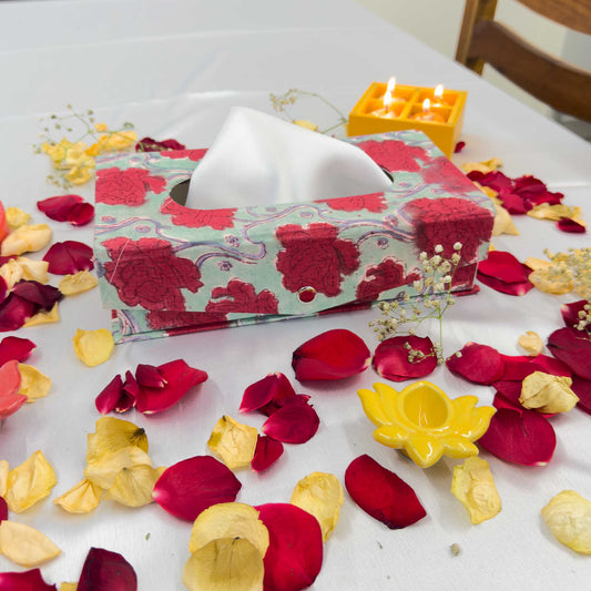 Red Floral Handblock Tissue Box