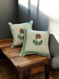 White and Green Floral Print Quilted Handblock Cushion Covers