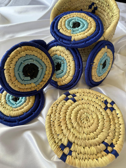 EVIL - EYE Handcrafted Jute Coasters With Sabai Grass Basket (SET OF 6 COASTERS + 1 BASKET)