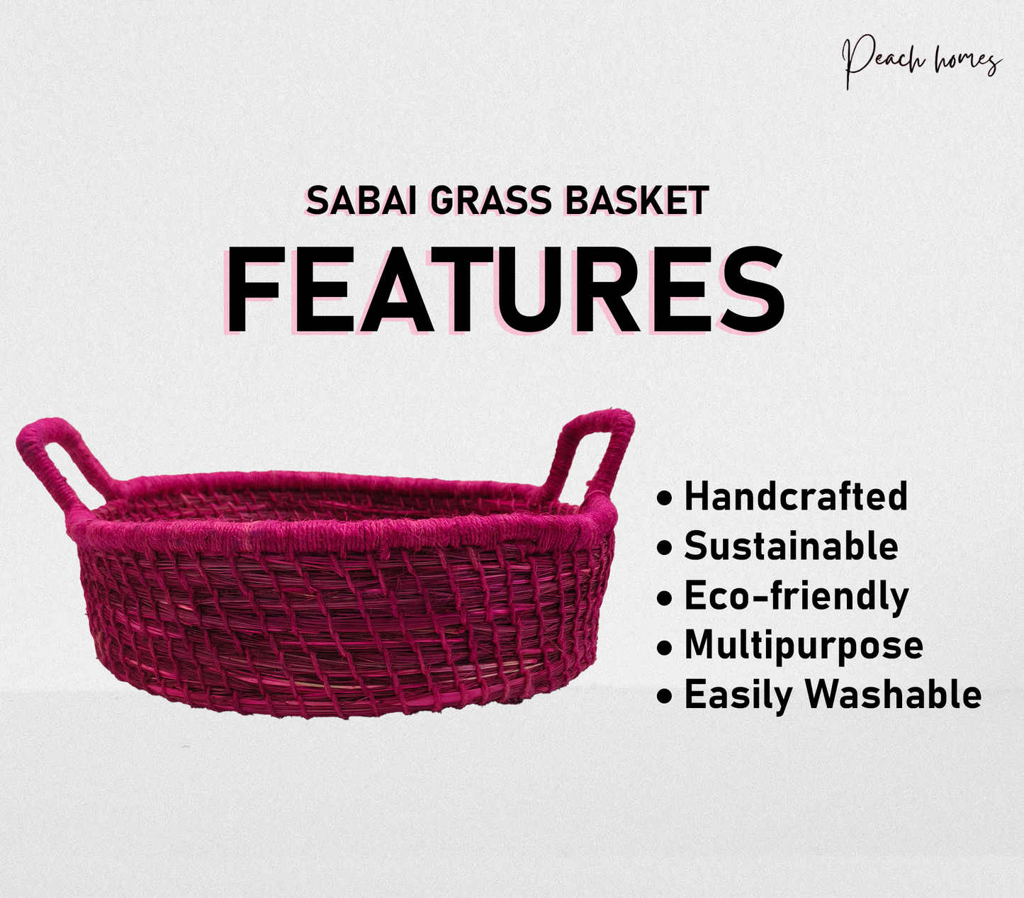 Solid Pink Handcrafted sabai Grass Hand woven Organiser with Handle