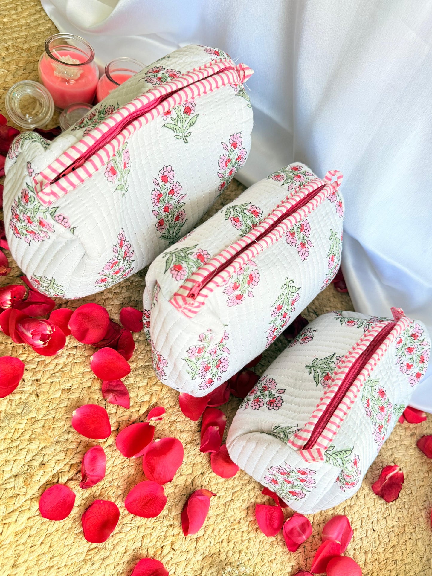 Pink and White Floral Handblock Organizer Travel Pouch Set of 3